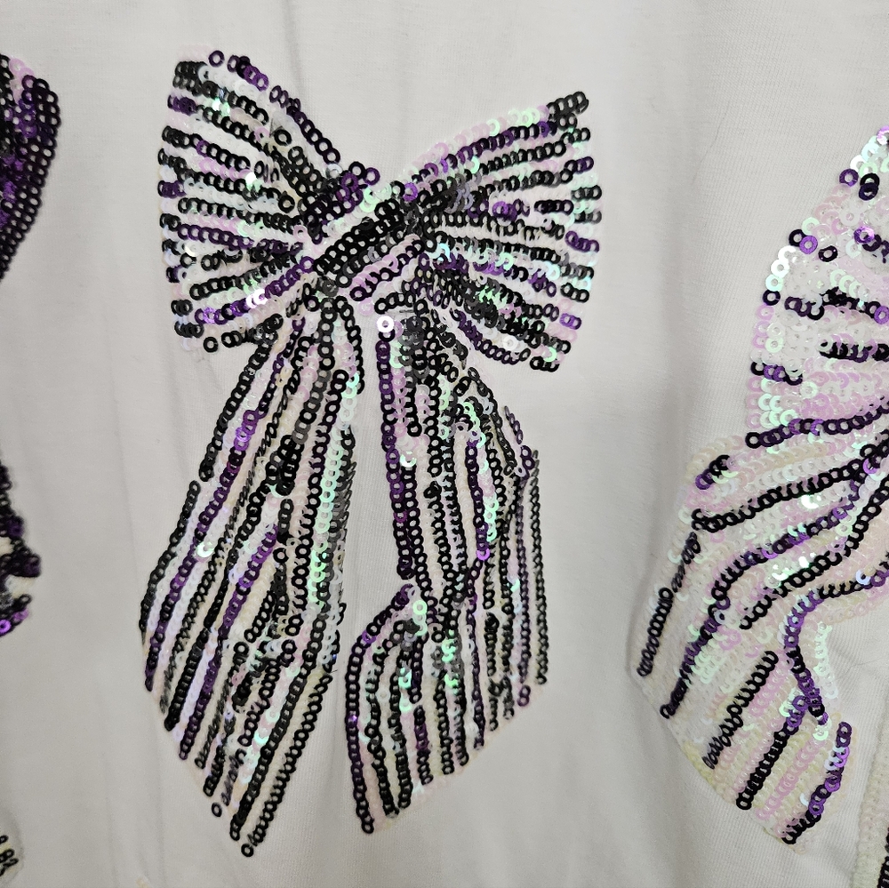 QUEEN OF SPARKLES White Short Sleeve Tee with Purple Sequin Bows - Picture 6 of 9
